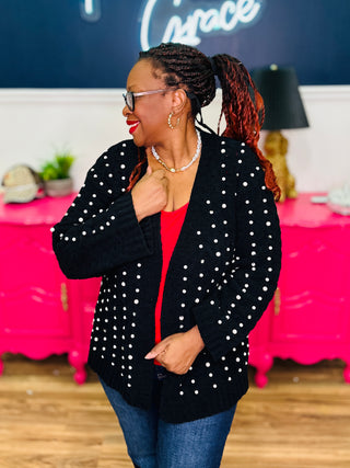 POL Long Sleeve Pearl Details Chenille Sweater Cardigan - Black