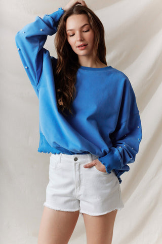 Pearl Studs Long Sleeves Top With Lettuce Rib - Blue  - PREORDER