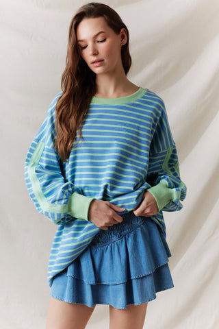 Twill Tape Detailed Sporty Oversized Stripe Top - Dusty Blue/Mint  - PREORDER