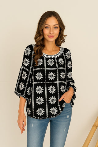 Embroidered Peplum Top With Crochet Neckline  - PREORDER