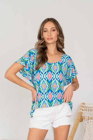 Relaxed Fit Short Sleeve Ikat Print Top