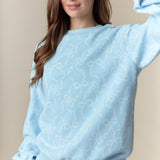 Bow Printed Fleece Terry Sweatshirt - Baby Blue - FINAL SALE