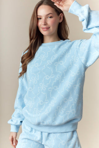 Bow Printed Fleece Terry Sweatshirt - Baby Blue  - PREORDER