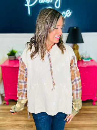 Washed Fabric Mixed Hooded Plaid Pullover Top