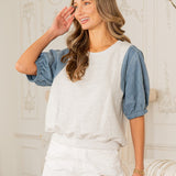 Relaxed Fit Denim Puff Sleeve Knit Top - FINAL SALE