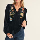 Floral Embroidered Velvet Peasant Top - Black - LAST ONES FINAL SALE