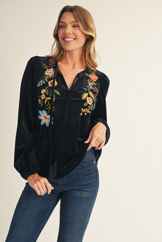 Floral Embroidered Velvet Peasant Top - Black