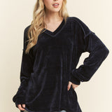 Long Sleeve Velvet V-Neck Sweater - Black - LAST ONES FINAL SALE
