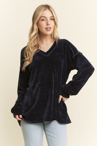 Long Sleeve Velvet V-Neck Sweater - Black