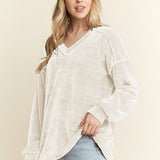 Long Sleeve Velvet V-Neck Sweater - Cream - LAST ONES FINAL SALE