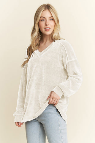 Long Sleeve Velvet V-Neck Sweater - Cream