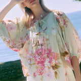 Floral Printed Batwing Sleeve Front Tie Top - Mint Sage Multi - FINAL SALE