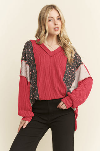 Long Sleeve Solid And Floral Urban Rib Top