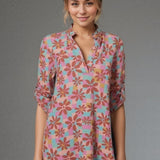 Three Quarter Button Sleeve Mandarin Floral top - LAST ONES FINAL SALE
