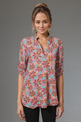Three Quarter Button Sleeve Mandarin Floral top