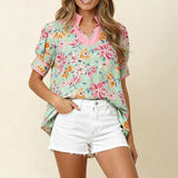 Notch Neck Color Black Floral Print Top