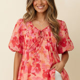 Pleated Bubble Short Sleeve Floral Top - FINAL SALE
