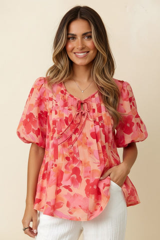 Pleated Bubble Short Sleeve Floral Top