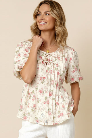 Pleated Floral Bubble Short Sleeve Top