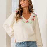 Relaxed Fit V Neck Sweater With Floral Embroidery - FINAL SALE