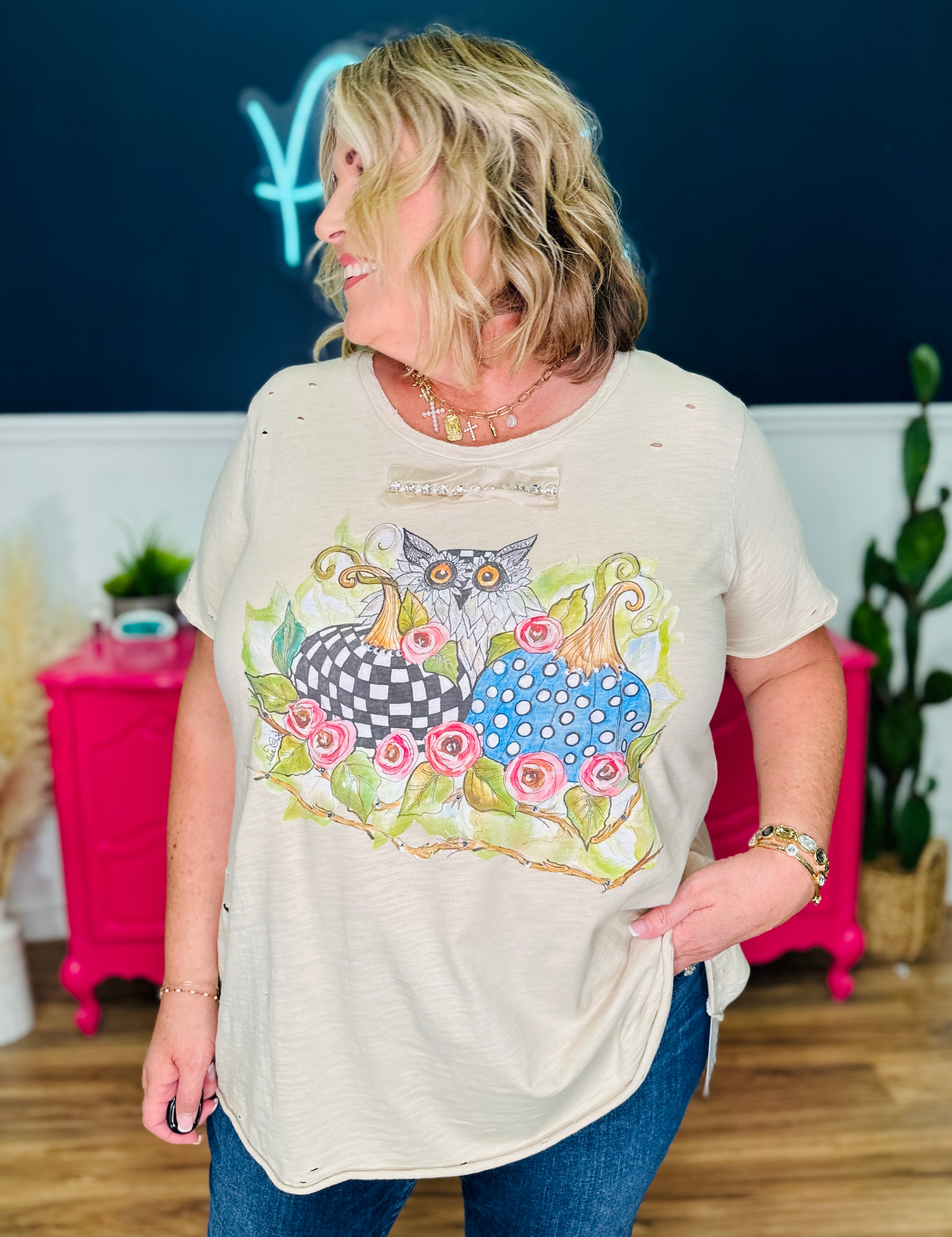 Bling Owl & Pumpkins Tattered Tee - LAST ONES FINAL SALE