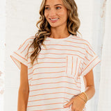 Cuff Sleeves Striped Top With Chest Pocket - Ivory/Peach - FINAL SALE
