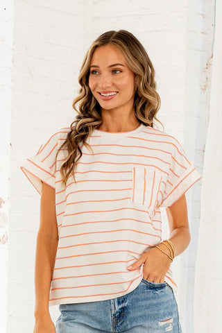 Cuff Sleeves Striped Top With Chest Pocket - Ivory/Peach