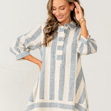 Relaxed Fit 3/4 Sleeves Striped Shirt Dress - Oatmeal/Denim - FINAL SALE