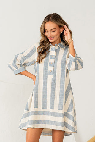 Relaxed Fit 3/4 Sleeves Striped Shirt Dress - Oatmeal/Denim