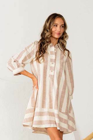 Relaxed Fit 3/4 Sleeves Striped Shirt Dress - Oatmeal/Taupe
