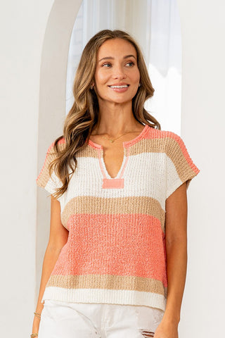 Short Sleeve Color Block Stripe Top - Coral/Mocha
