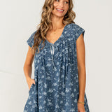 Floral Denim Pintuck Dress