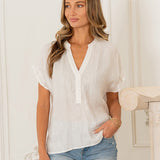 Textured V Notch Ruffle Sleeve Top