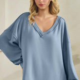 Soft Flow Fleece Loose Fit V-neck Sweatshirt - Denim - FINAL SALE