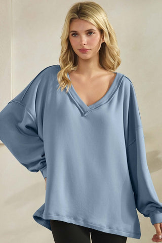 Soft Flow Fleece Loose Fit V-neck Sweatshirt - Denim  - PREORDER