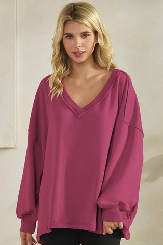 Soft Flow Fleece Loose Fit V-neck Sweatshirt - Dry Rose  - PREORDER