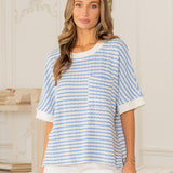 Relaxed Fit Cuffed Sleeves Striped Knit Top - Denim/White - FINAL SALE
