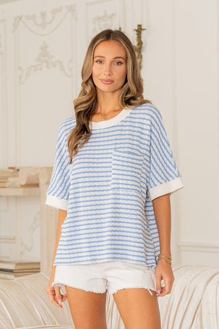 Relaxed Fit Cuffed Sleeves Striped Knit Top - Denim/White
