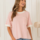 Relaxed Fit Cuffed Sleeves Striped Knit Top - Blush/White - FINAL SALE