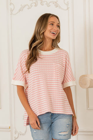 Relaxed Fit Cuffed Sleeves Striped Knit Top - Blush/White