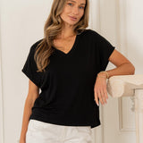 Short Sleeve V Neck Top - Black