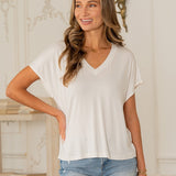 Short Sleeve V Neck Top - Ivory