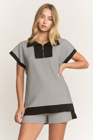 Checkered Half Zip Contrast Trim Top
