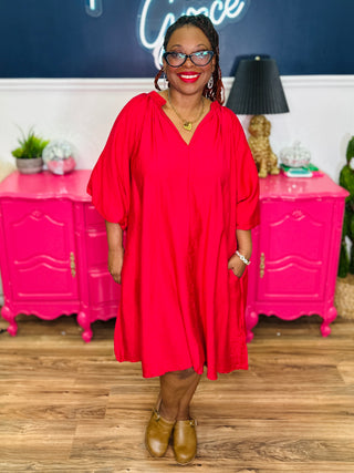 Bubble Sleeve Flowy Dress - Red