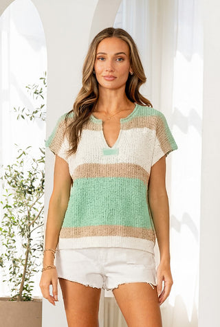 Short Sleeve Color Block Stripe Top - Mint