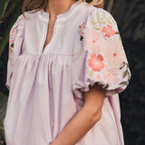 Floral Embroidered Sleeves Solid Poplin Top - FINAL SALE