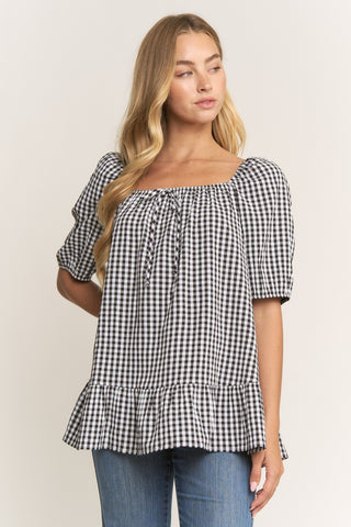 Puff Sleeve Checkered Woven Top