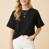 Eyelet Inset Short Sleeve Crewneck Sweatshirt - Black - PREORDER