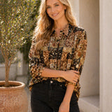 Relaxed Fit Printed Button Down 3/4 Sleeve Blouse - PREORDER