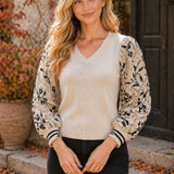 Relaxed Fit Embroidered Sleeve V-Neck Sweater - PREORDER